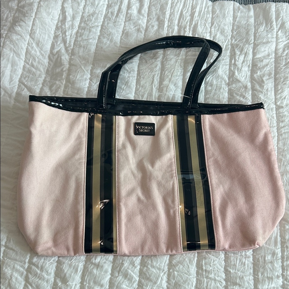 Victoria's Secret Pink Tote with Black and Gold Stripes